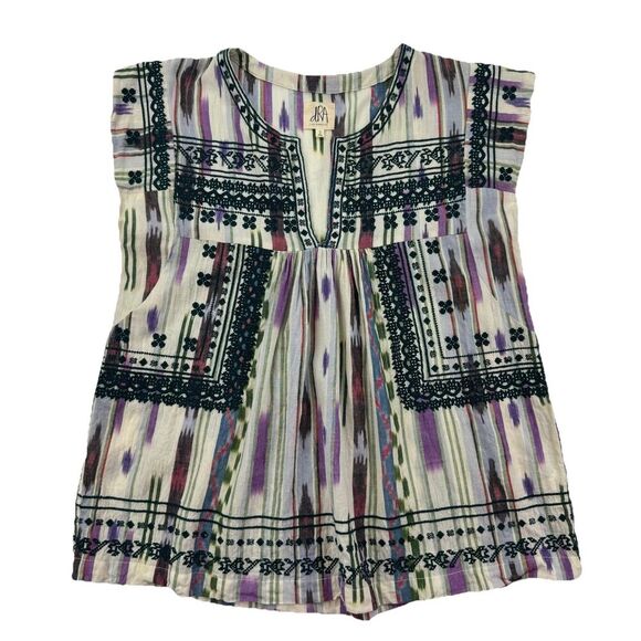 dRA Los Angeles Boho Embroidered Tunic Top S Striped Ikat Festival 100% Cotton - Picture 1 of 9